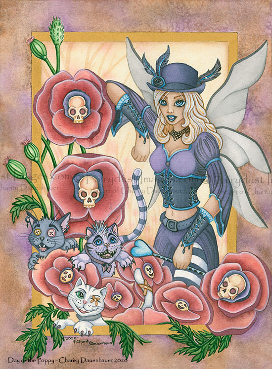 Day of the Poppy - Gothic Fairy and Wild Cat Art Prints