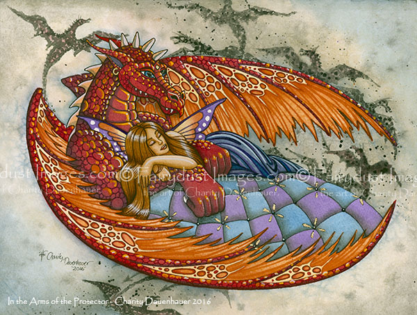 In the Arms of the Protector - Dragon and Fairy Art Print