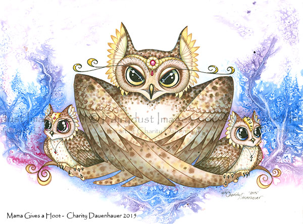 Mama Gives a Hoot - Owl with Babies Art Print