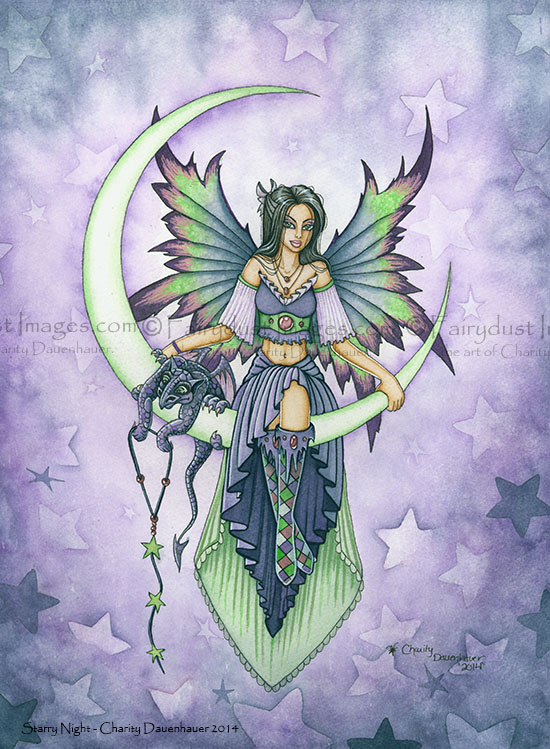 Starry Night - Crescent Moon Fairy Art Print
