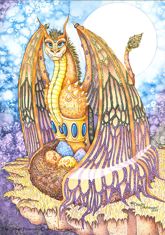 Smitten Protector - Father Dragon Art Print Painting by Charity Dauenhauer