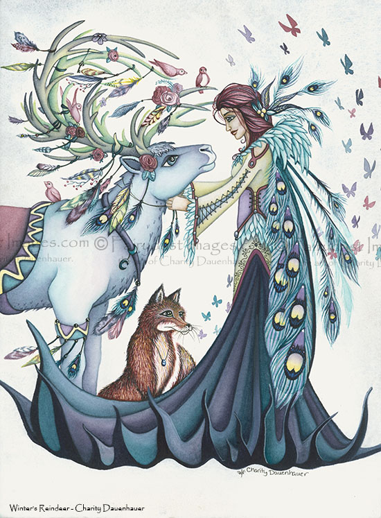 Winter's Reindeer - Peacock Fairy Art Print