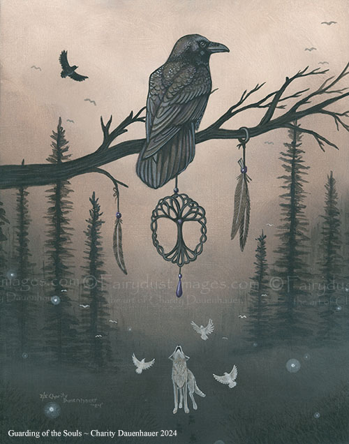 Guardian of the Soul - Raven, Dove, Wolf - Art Print