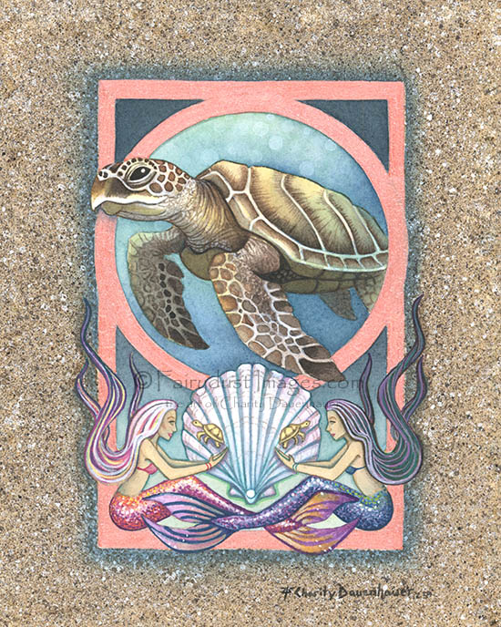 Turf - Sea Turtle and Mermaids - Fantasy Art Print